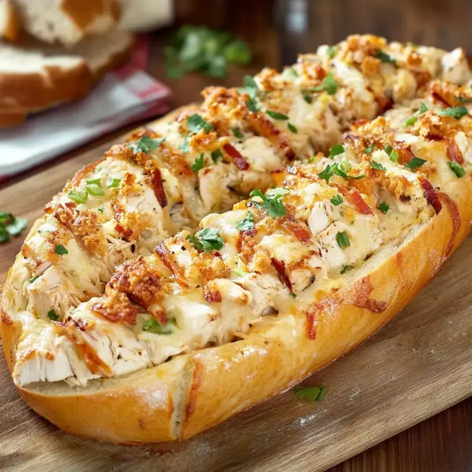 A gooey hot loaf stuffed with chicken, bacon, cheese, and herbs, sliced on a wooden cutting board.