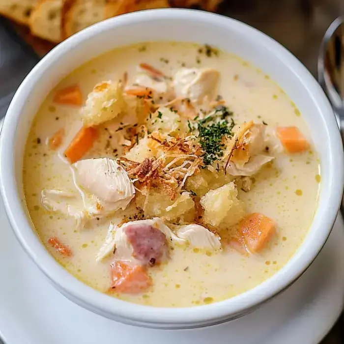 Creamy chicken soup filled with bite-size chicken, carrots, croutons, and herbs in a big white bowl.