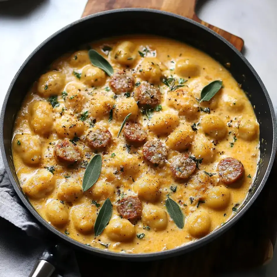 A big pan heaped with creamy gnocchi, slices of sausage, and a sprinkle of sage and herbs.