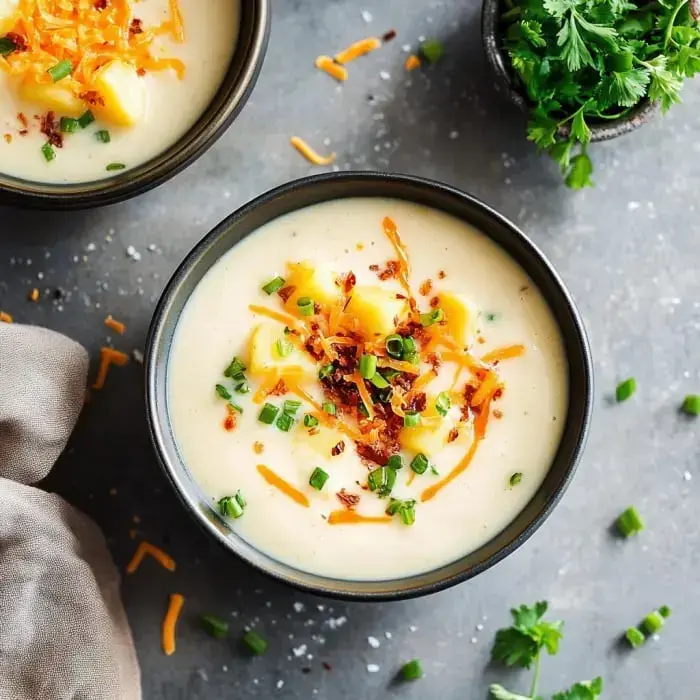 A creamy soup shown up close, cheese melting over crispy bacon bits and green onions in a black bowl.