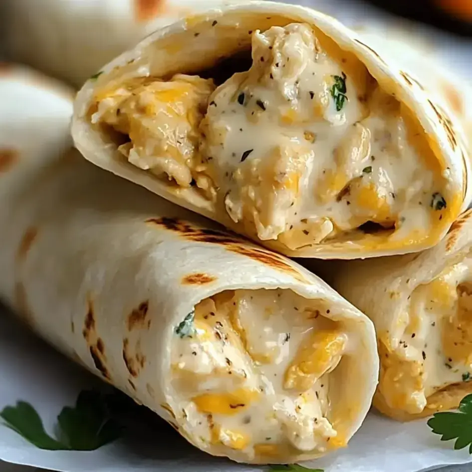 Stack of three stuffed tortillas on a plate, oozing melted cheese and garnished with herbs.