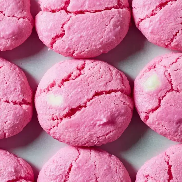 Big pink cookies with cracks and melty white chocolate sitting nicely in a group.