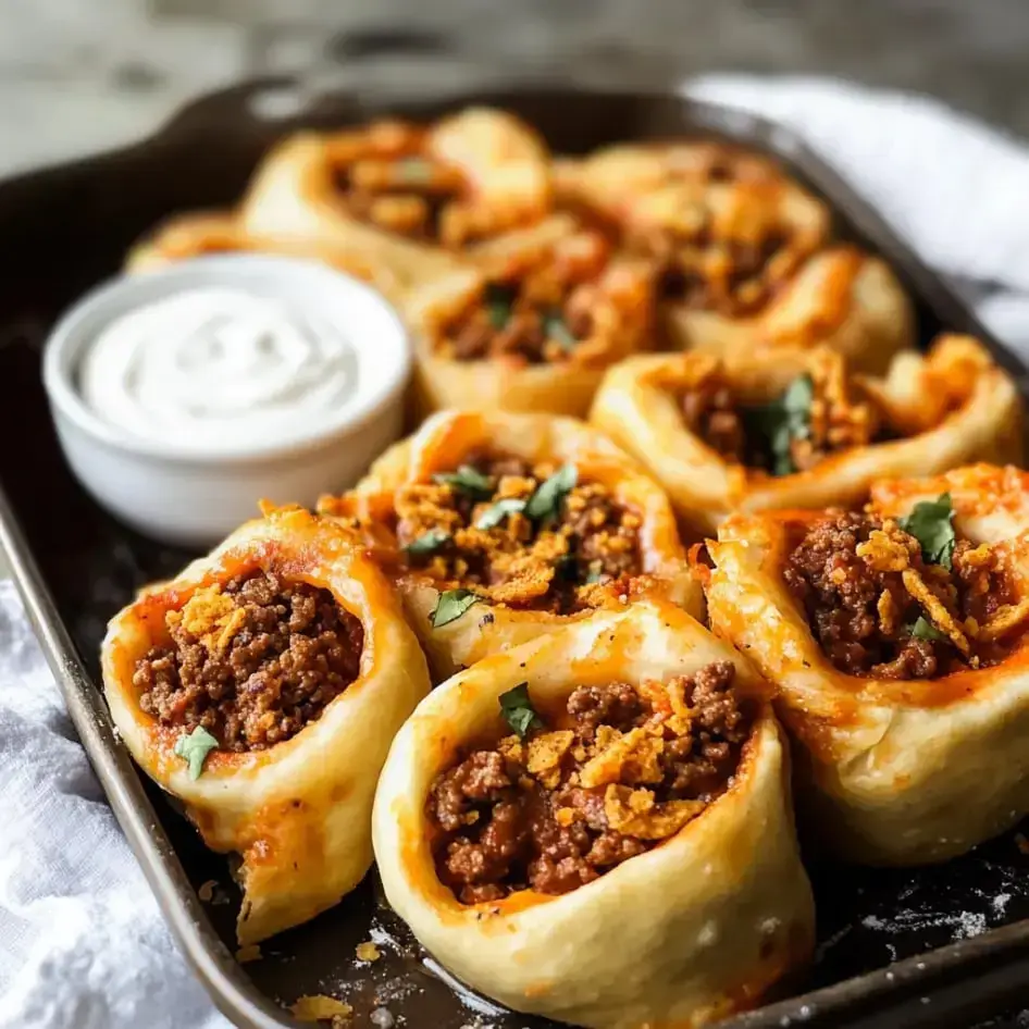 Rolled pizza dough with spicy beef and chips, all finished with herbs, and a creamy dip on the side.