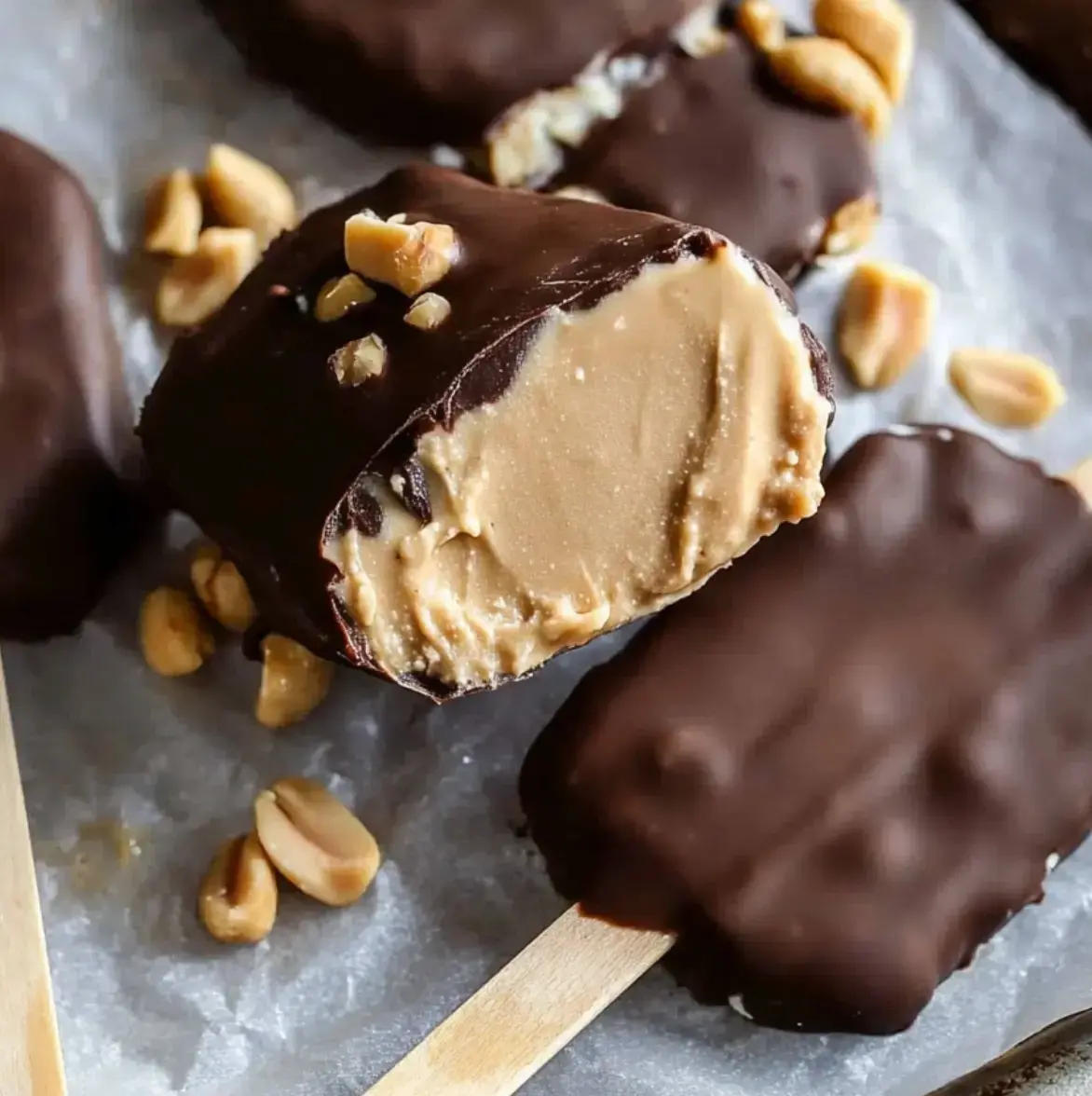 A chocolate-dipped ice cream bar with a bite taken out, showing a thick peanut butter center and lots of crushed peanuts around it.