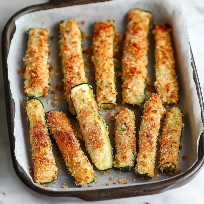 Golden breaded zucchini sticks lined up on parchment paper, ready for snacking.