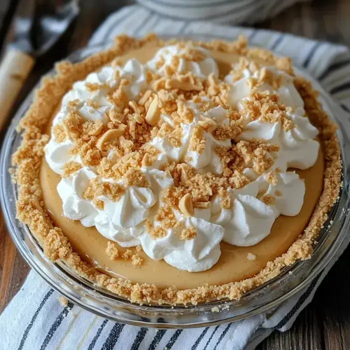 A dreamy pie loaded with whipped cream and crushed nuts, served in a glass dish you can see through.