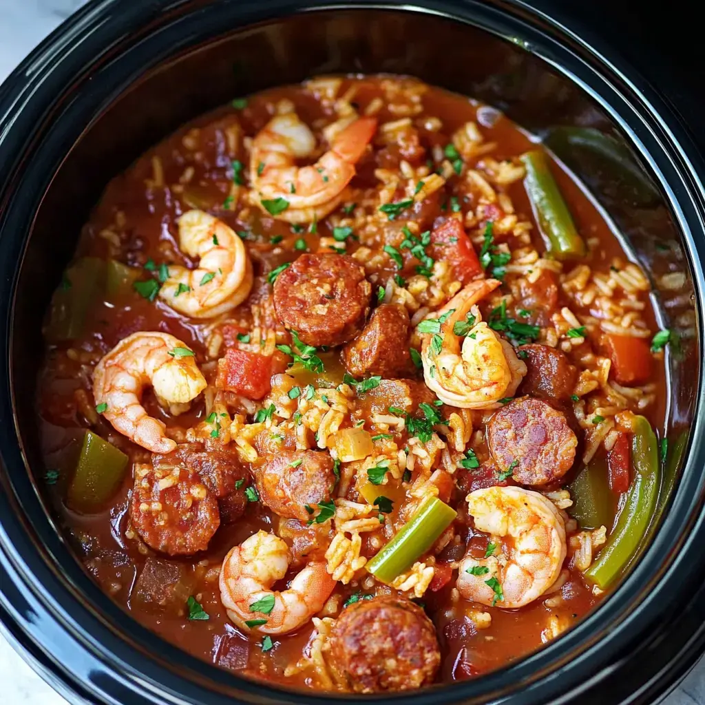 Big spoonfuls of shrimp, sausage, and rice in a black slow cooker with fresh green herbs sprinkled on top.