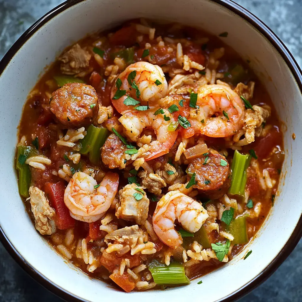 Bowl filled with juicy shrimp and slices of sausage on steamy rice, with chopped parsley and bits of tomato and celery.