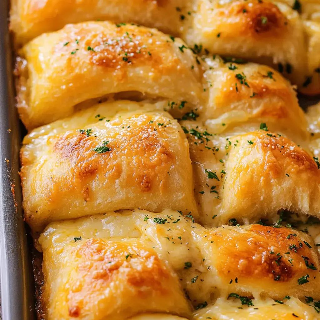 Close-up shot of crispy-cheesy filled rolls, topped with parsley, fresh out of the oven in a dish.