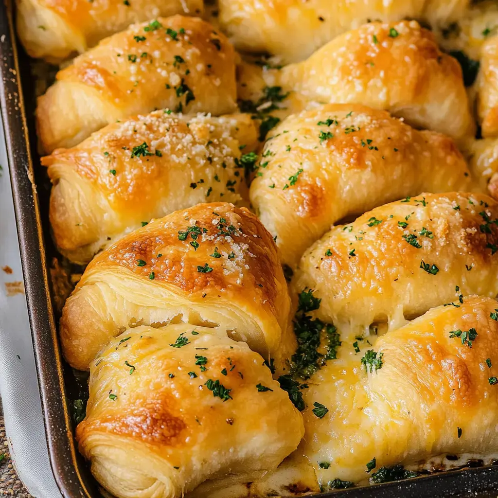 Close-up of flaky pastries packed with melted cheese, sprinkled with green herbs in a warm baking dish.