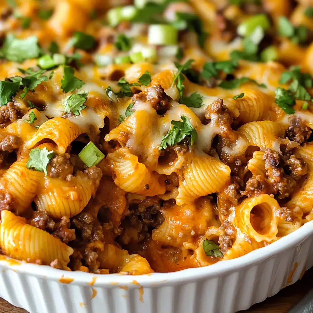 Zoomed-in look at pasta shells, ground beef, and melty cheese, with a sprinkle of green onions and cilantro on top.