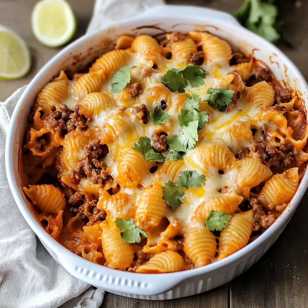 Big white dish full of shell noodles, browned meat, and melty cheese, finished with cilantro on top—ready to eat.