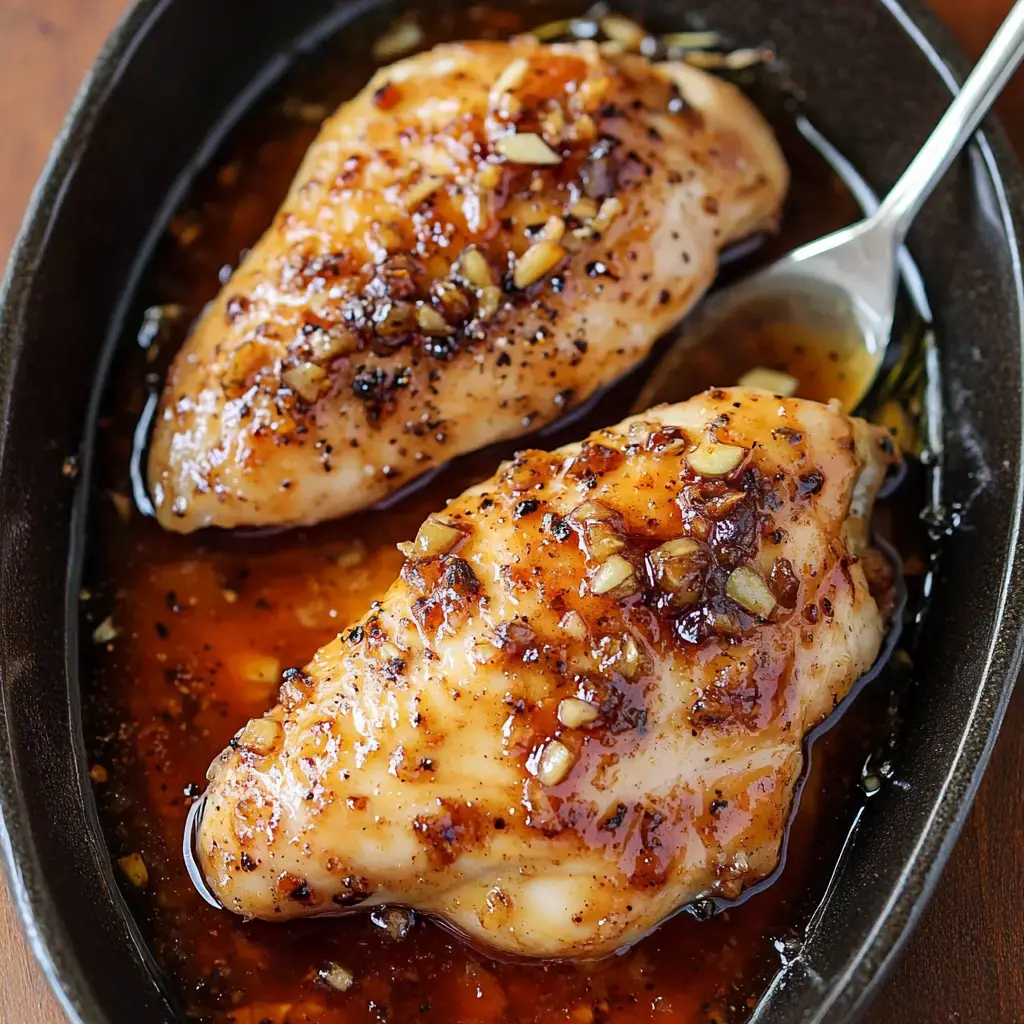 Two chicken breasts glazed with caramelized garlic and pepper, swimming in a rich, savory sauce in a dark pan.