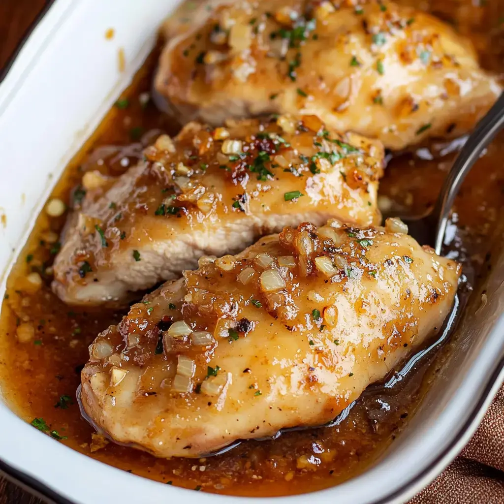 Close view of three chicken breasts slathered in a sweet, garlicky sauce, topped with bits of onion and herbs in a bright white dish.