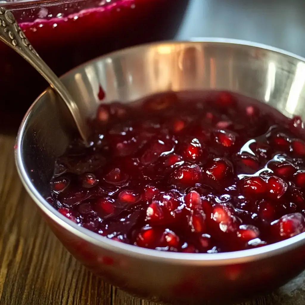 A shiny silver bowl filled with deep red jelly, topped with bright pomegranate seeds, sits on rustic wood.