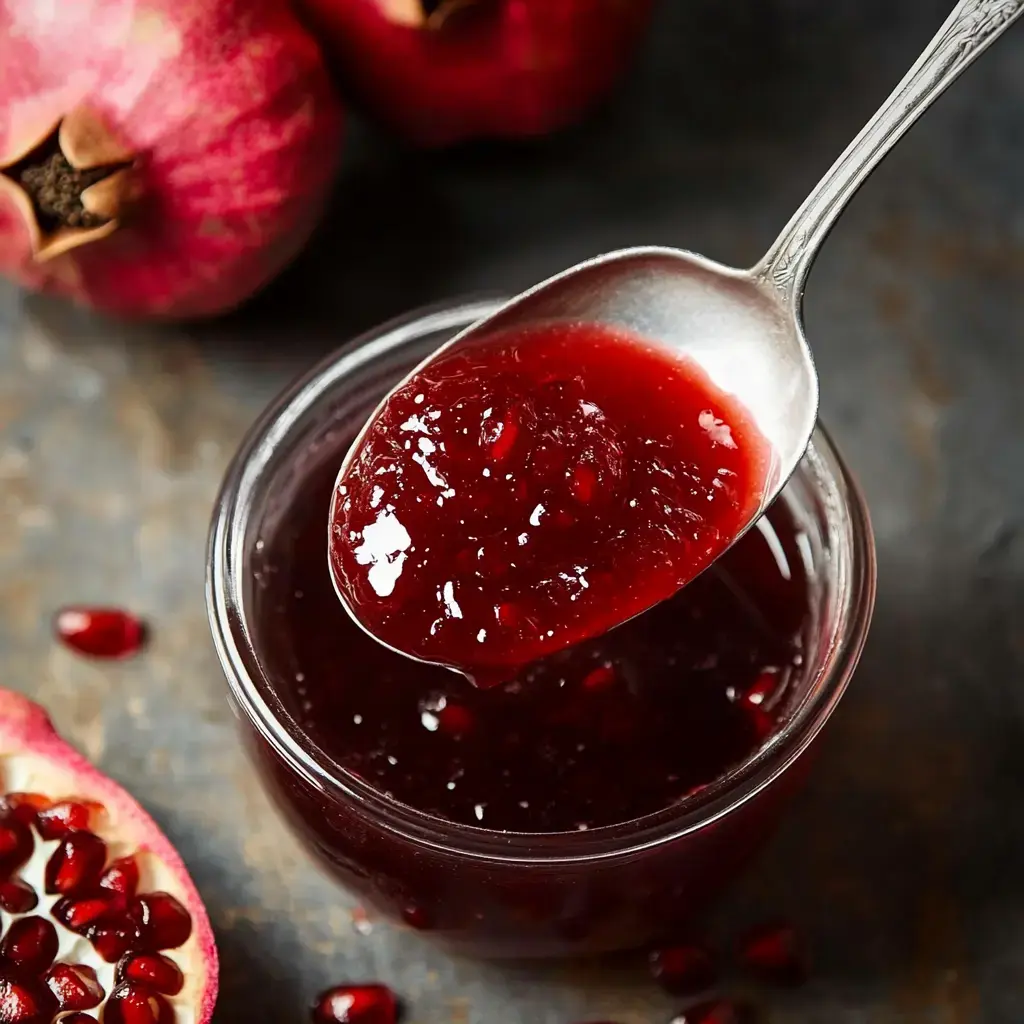 A glass jar holds pomegranate jam, and a spoon lifts some out, with whole pomegranates and seeds scattered nearby on a dark background.