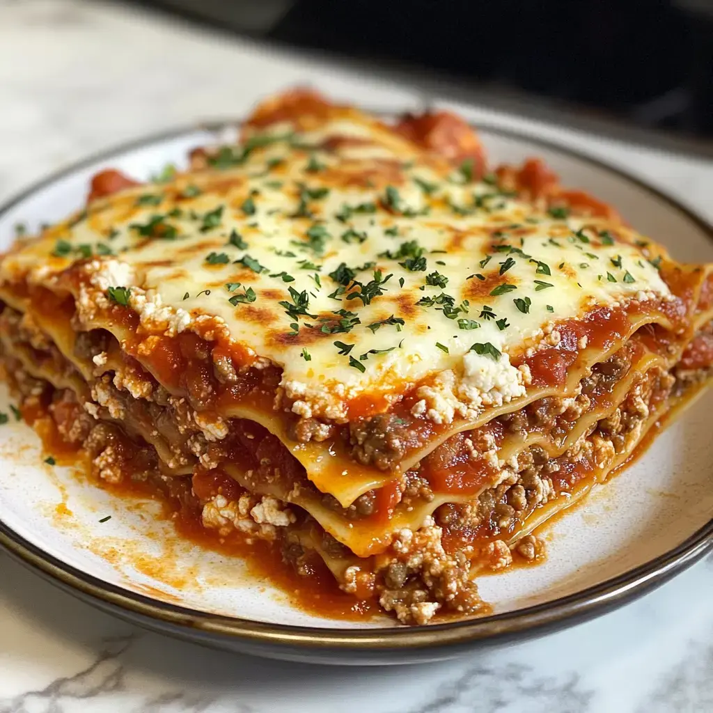 A beautifully stacked lasagna with golden melted cheese and fresh parsley rests on a white serving plate.