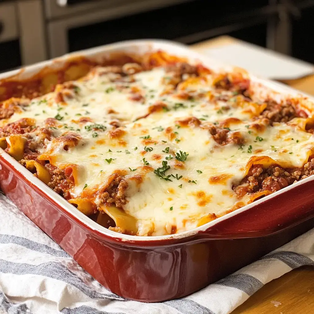 An appetizing serving of layered pasta with meat sauce, tomato, and bubbling cheese garnished with fresh herbs in a bright red baking dish.