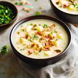 A creamy white potato soup in a bowl with crunchy bacon and parsley on top, cilantro chopped on the side.