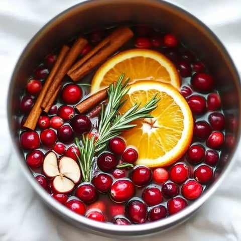 A pot with floating orange slices, cranberries, cinnamon sticks, and sprigs of rosemary in water.