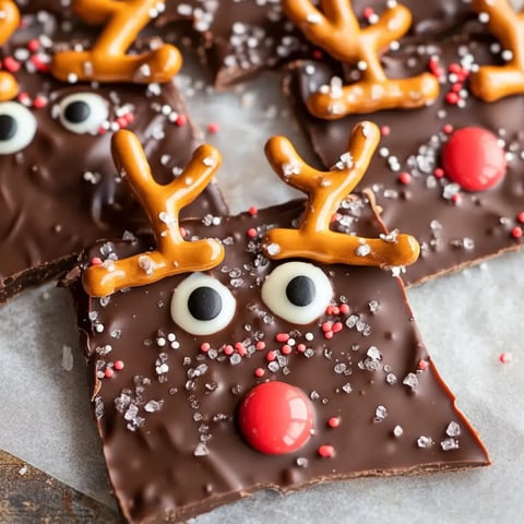 The image displays chocolate treats crafted to resemble reindeer with pretzel antlers, candy eyes, and cheerful holiday decorations.