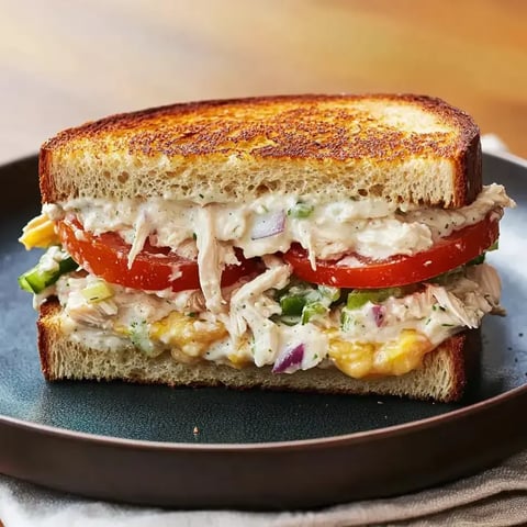 A cheesy grilled sandwich stuffed with chicken, veggies, and creamy dressing, served on crispy whole-grain toast.