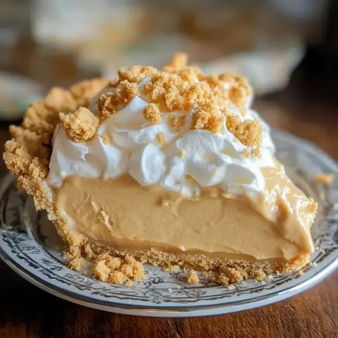 Creamy pie slice with whipped cream and crumbles on a pretty plate.