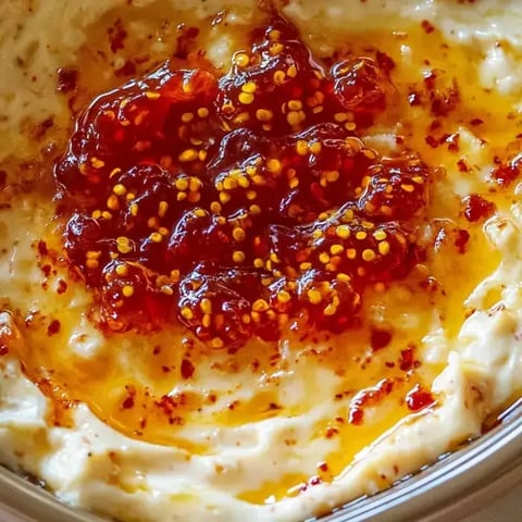 Creamy dip close-up with shiny red jelly and mustard seeds on top.