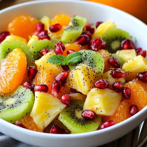 A colorful bowl loaded with mixed fruits including juicy oranges, green kiwis, yellow pineapple chunks, and ruby pomegranate jewels, topped with fresh mint.